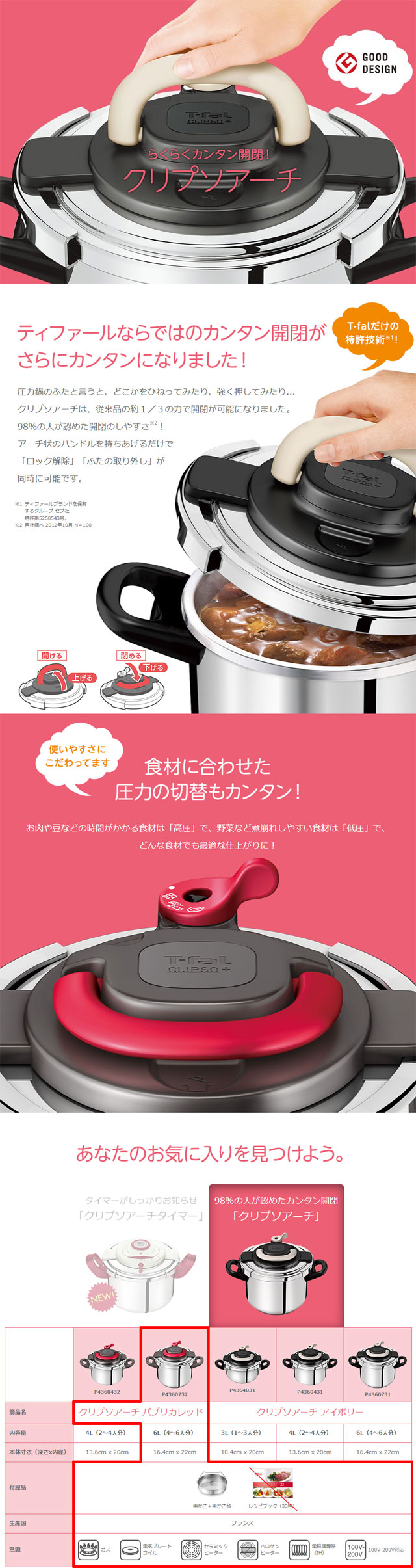 ティファール ワンタッチ開閉圧力鍋 クリプソアーチ パプリカレッド P4360732 容量6.0L 各種熱源対応 中かご＋中かご台付 T-fal 【長野発】