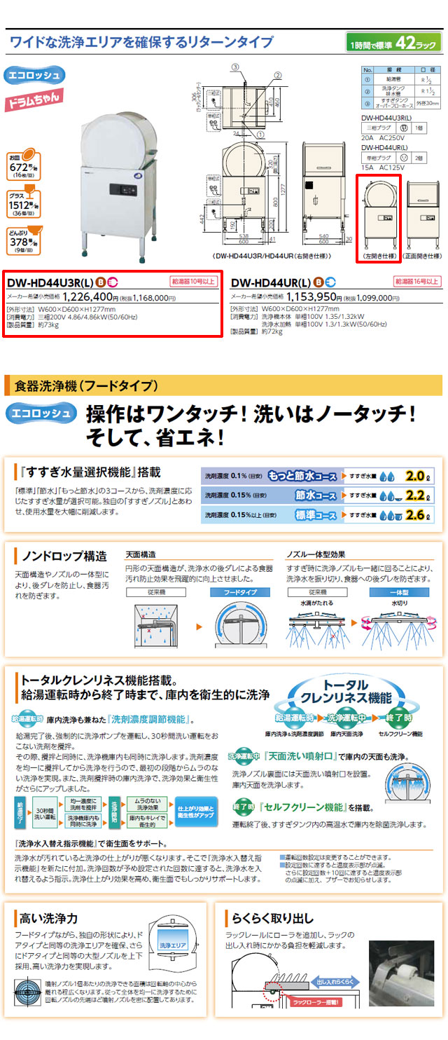 パナソニック フードタイプ食器洗浄機 ドラムちゃん DW-HD44U3L-50HZ 三相200V 50Hz用 左開きリターン 検査動画有 ＜値下げしました＞