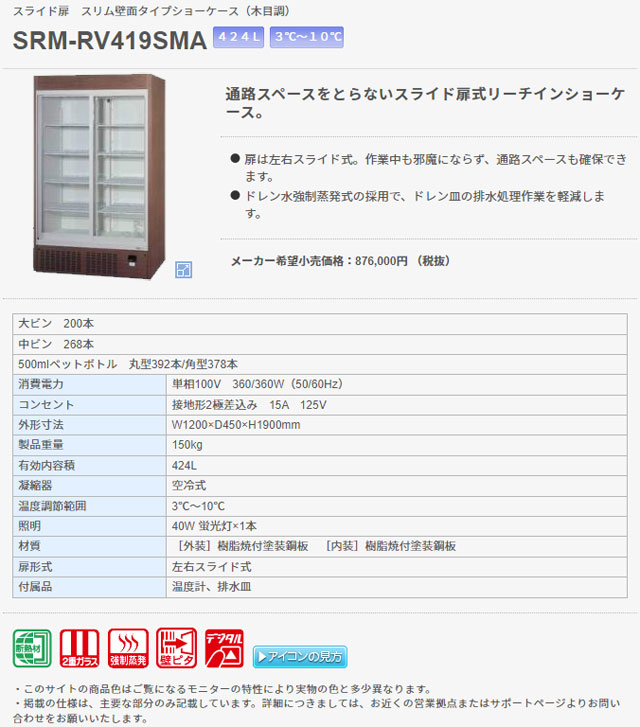 パナソニック リーチイン冷蔵ショーケース SRM-RV419SMA 